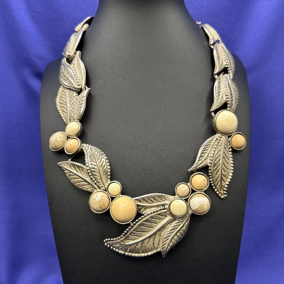 VTG Carol Dauplaise Pewter Leaf Motif & Stone Choker Necklace - Picture 5 of 11